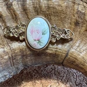 Vintage Pink Rose Bar Brooch Pin Gold Tone Metal